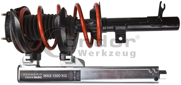 Compresseur d'amortisseurs mécanique pour ressorts d'amortisseurs McPherson, Avec coupelles interchangeables 80 - 145 mm / 145 - 195 mm